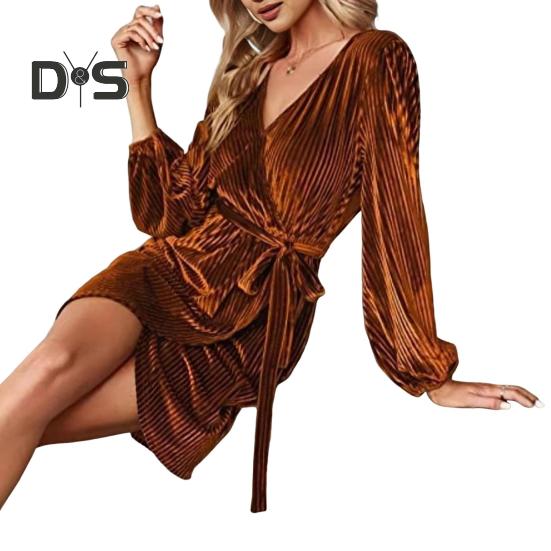 Lady-Dating-Kleid, V-Ausschnitt mit Bindegürtel, schmale Taille, lange Ärmel, Samtstoff, unregelmäßiger Saum, Abendkleid in reiner Farbe, Minikleid für Abschlussball und Party