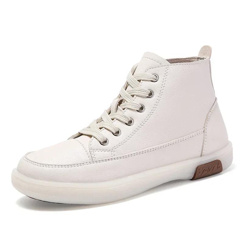 

Fashion Spring Genuine Leather All-Match Casual Shoes Women Flats Lace-Up Sneakers Boots Ladies High-Top Non-Slip Walking Shoes 35 бежевий