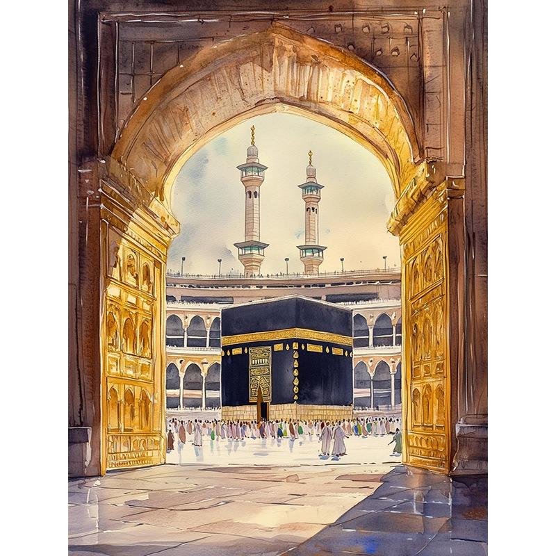 Al-Aqsa Moschee Kaaba Islamisches Leinwandposter Aquarell Malerei Dekoratives Gemälde Moderne Bilder Wohnzimmer Heimdekoration Cuadros