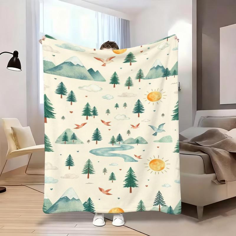 Beige Background Camper Van Pine Tree Happy Camping Fleece Blanket For Rustic Bedroom Decor Soft Warm Throw Blanket Wrap