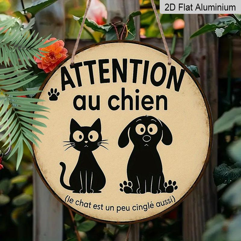2D Flat, 1pc 7.87 Inch Round French Aluminum Sign, "Beware of Dog" Vintage Decorative Plaque, Pet Cat and Dog Reminder Decorative Art, Suitable for