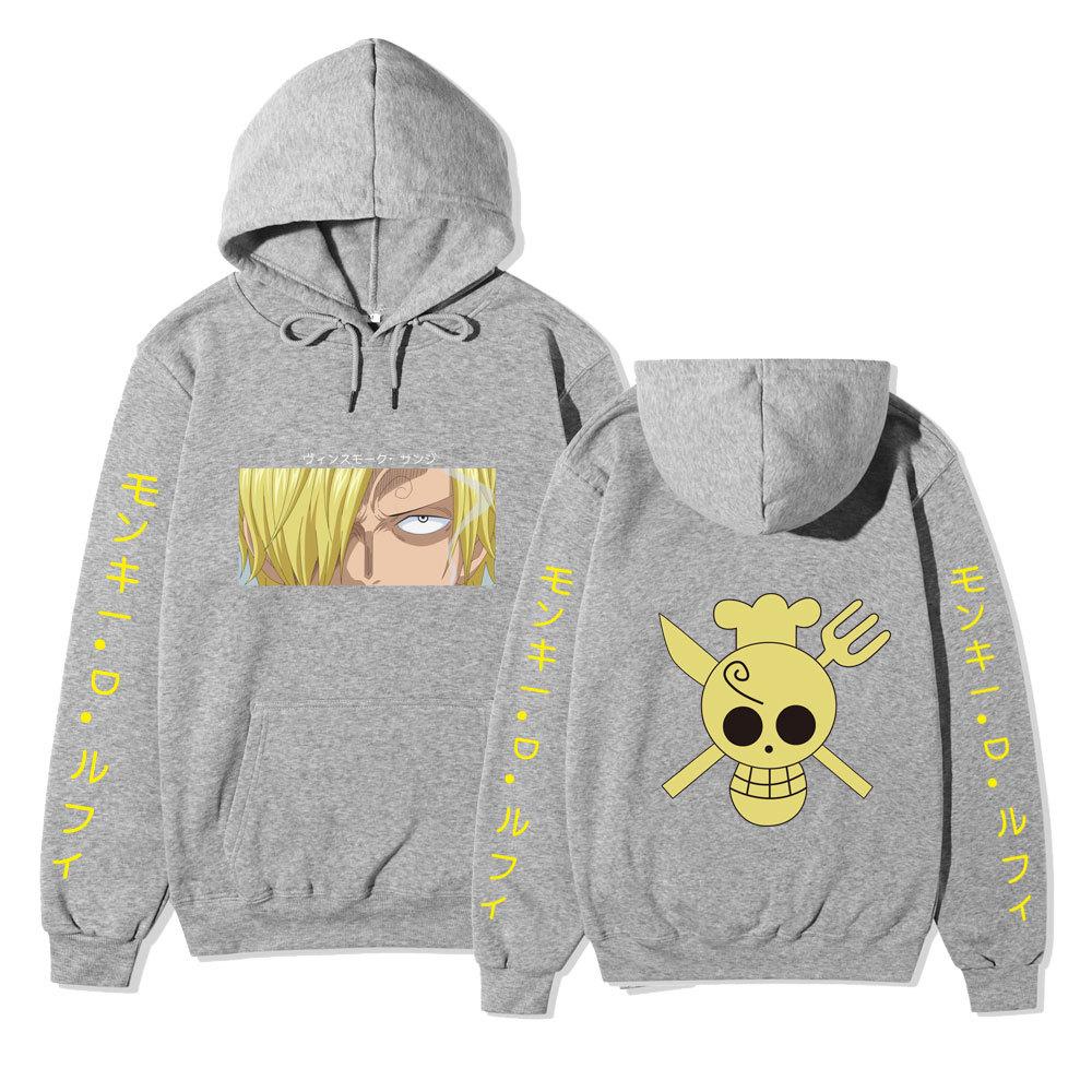 One Piece Sanji Hoodie, Chef Pirate Skull Logo Japanese Letter Sleeve Print Pullover Sweatshirt Unisex Streetwear