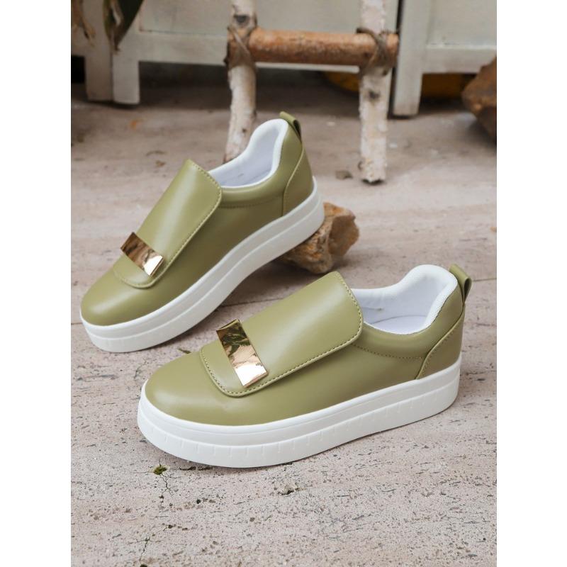 New Autumn European American Style Women's Thick Soled Solid Color Metal Flat Casual Shoes