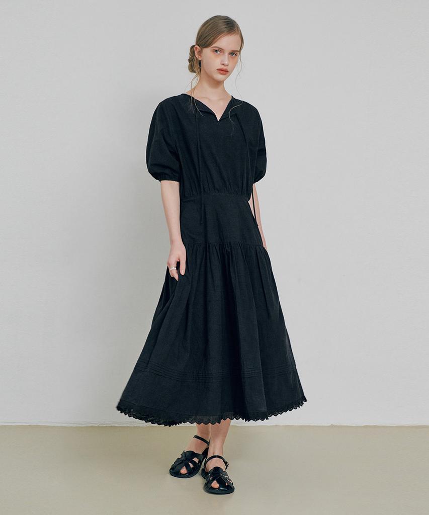 Belloel Puff Strap Long Dress Black