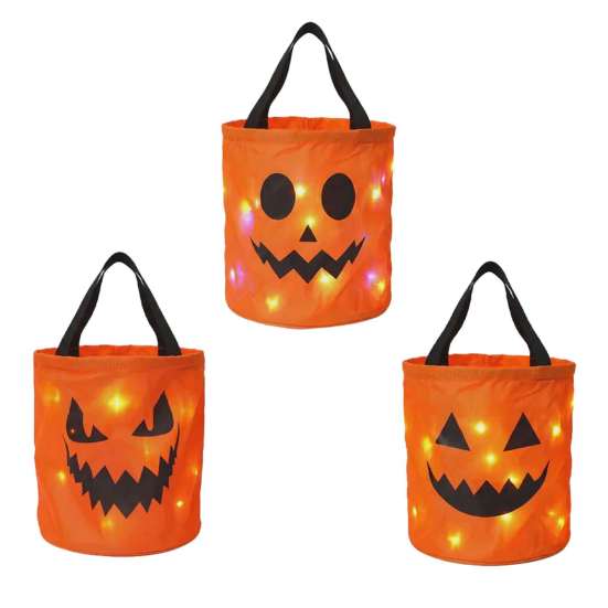 Colorful Halloween Event Supplies LED Light Up Bucket, Glow in The Dark Trick or Treat Candy Reusable Holiday Storage Buckets Bag with Handle, Lighted