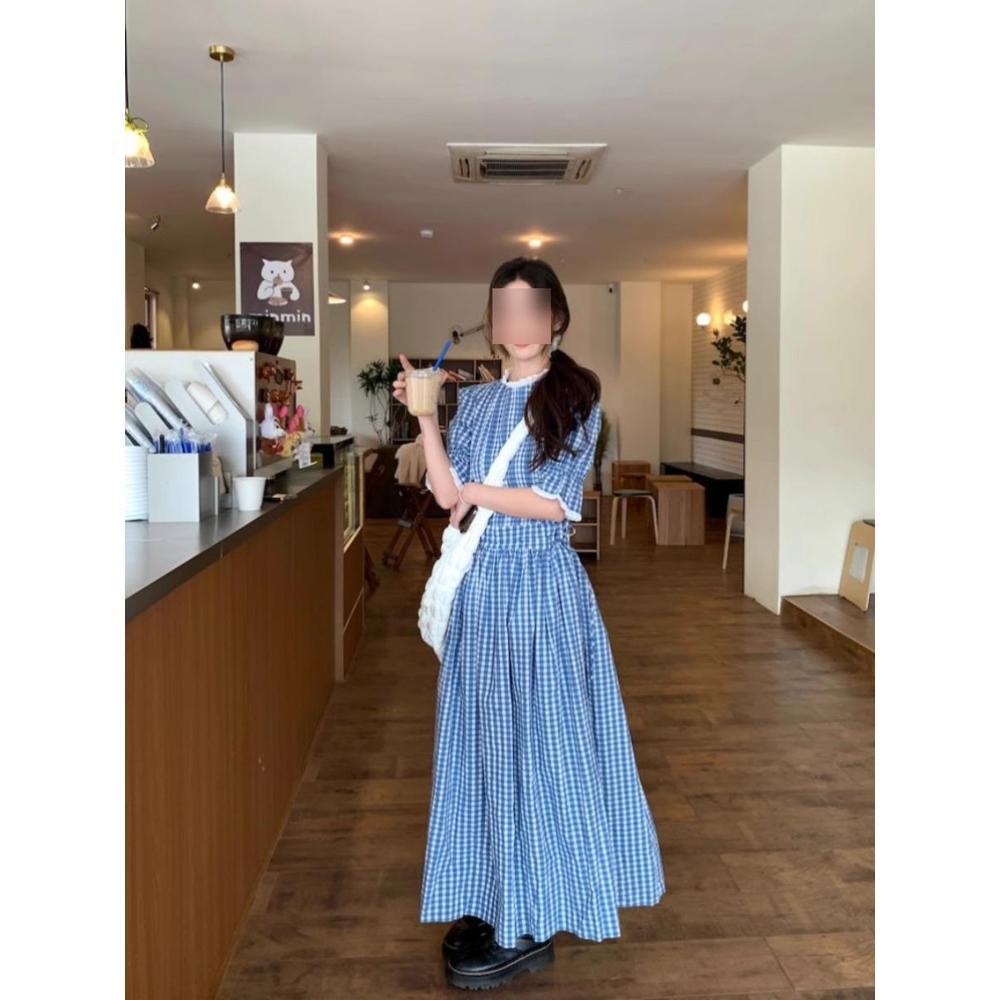 

Women s Summer Retro Plaid Lace-Trimmed A-Line Long Dress - Short Sleeve & Waist-Slimming Design M (90-100 jin)