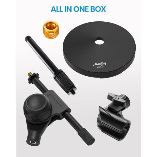 Moukey MMs-5 Desktop Microphone Stand with Geared Boom Arm, 9.5mm & 15.8mm Adapters, 14cm Base Diameter