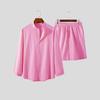 Men's Hawaiian Suit Summer Solid Color Stand Collar Long Sleeve Shirt Beach Shorts Streetwear High Quality 2-Piece Set