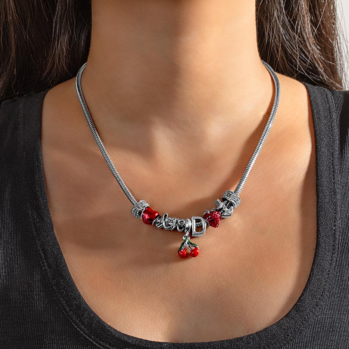 

1 piece fashion sweet faux cherry strawberry red heart pendant necklace versatile zircon letter lady neck chain choker chain