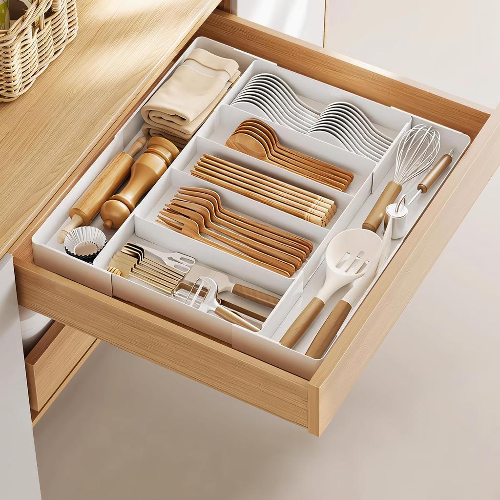 Extendable Cutlery Kitchen Storage Drawer Cutlery Chopstick Spoon Knife Item with Extendable Fixing Clips Suction Cups Case, Divider, Holder, Storage,