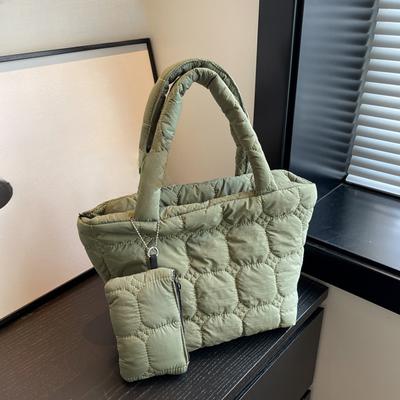 Padded Shoulder Bag Set for Women Plaid Soft Nylon Fabric Quilt Large Capacity Shopping Tote Bag Handbag