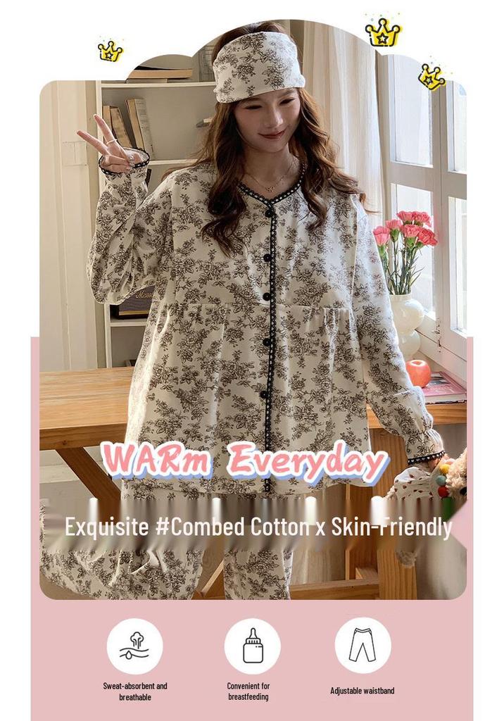 Maternity Pajamas with Built-In Pads for Summer, Postpartum Recovery, Breastfeeding, and Confinement, Suitable for Spring and Autumn.