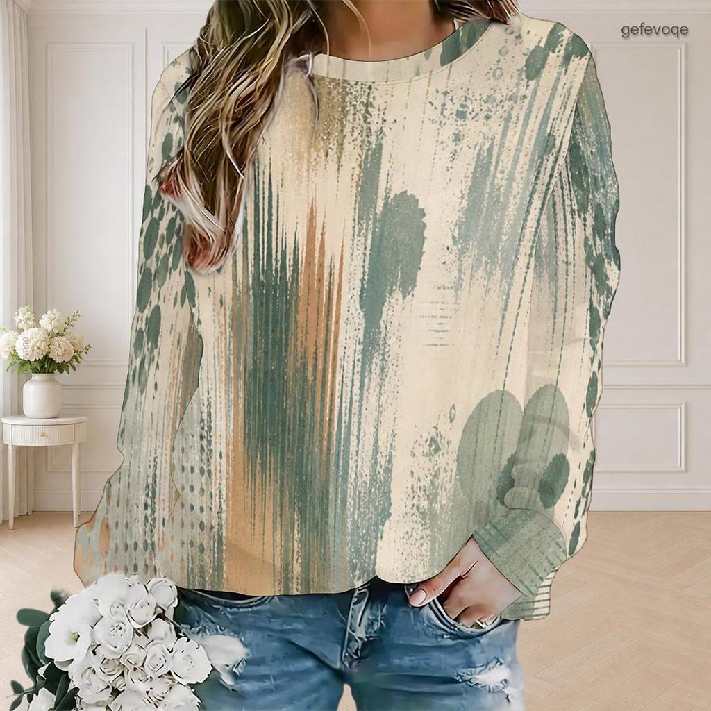 Women Plus Size Round Neck Long Sleeve Multicolor Printed Pullover Sweatshirt