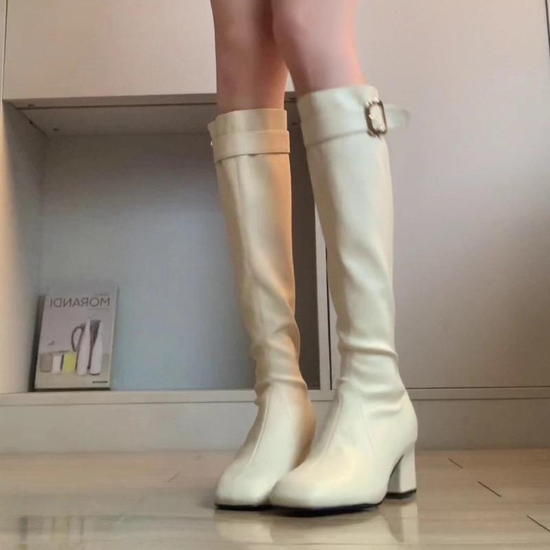 Winter Stretch Slim Women Knee High Boots Fashion Square Toe Belt Buckle Shoes Ladies Thick Heel Knight Long Booties