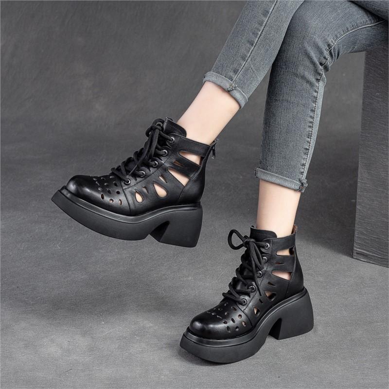 Johnature Retro Genuine Leather Thick Sole Lace-up Roman Sandals 2023 Summer New Round Toe Hollowed Out Thick Heeled Women Shoes