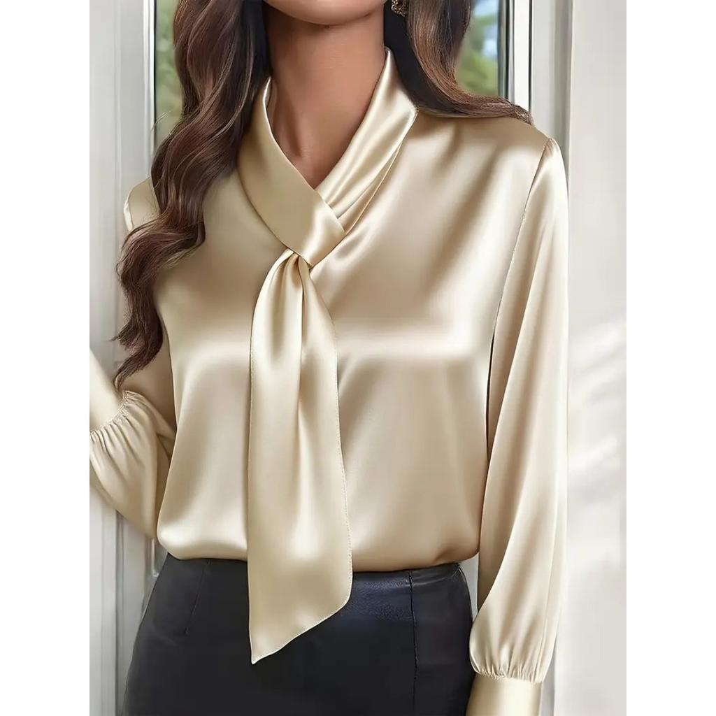 2025 Autumn Solid Color Fashion Design Long Sleeve Blouse with Ribbon for Women