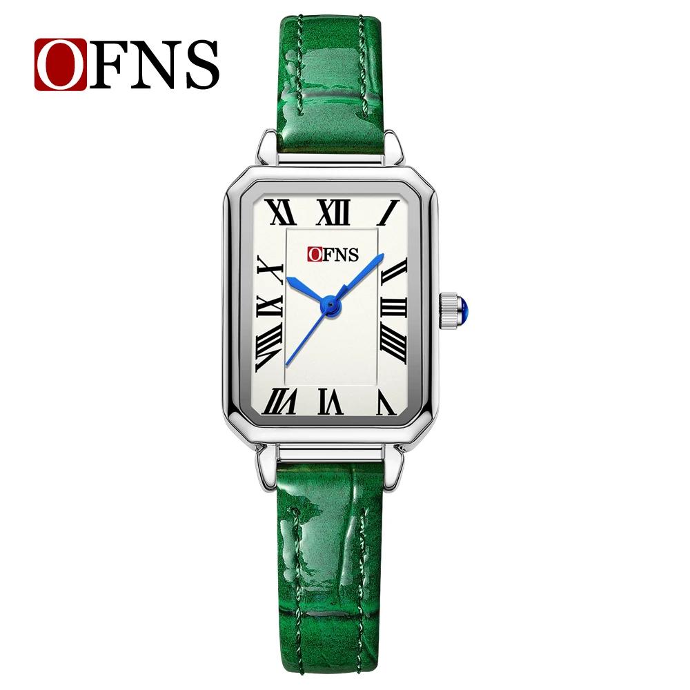 Ofns Waterproof Women's Watch with Bamboo Pattern Strap Square Dial Niche Design Casual Daily Dress Wristwatch for Ladies