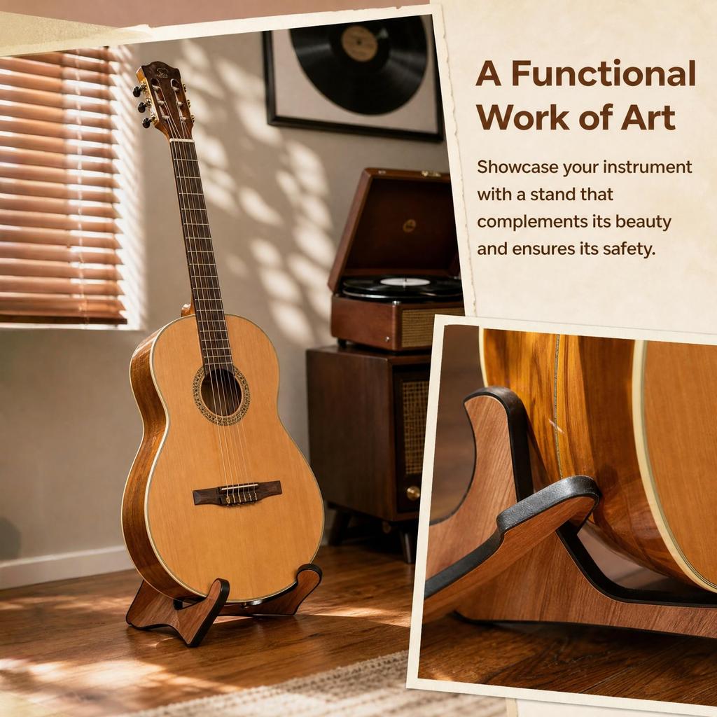 Miwayer Wooden Guitar Floor Stand Light Brown Non-slip Portable String Instrument Stand for Acoustic Classical Electric Guitar and Bass