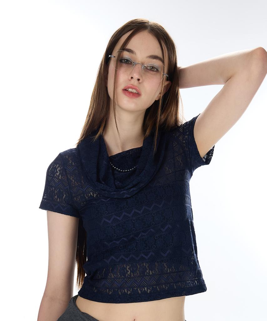 LARTIGENT L12 Cowl Lace T-Shirt(Navy)