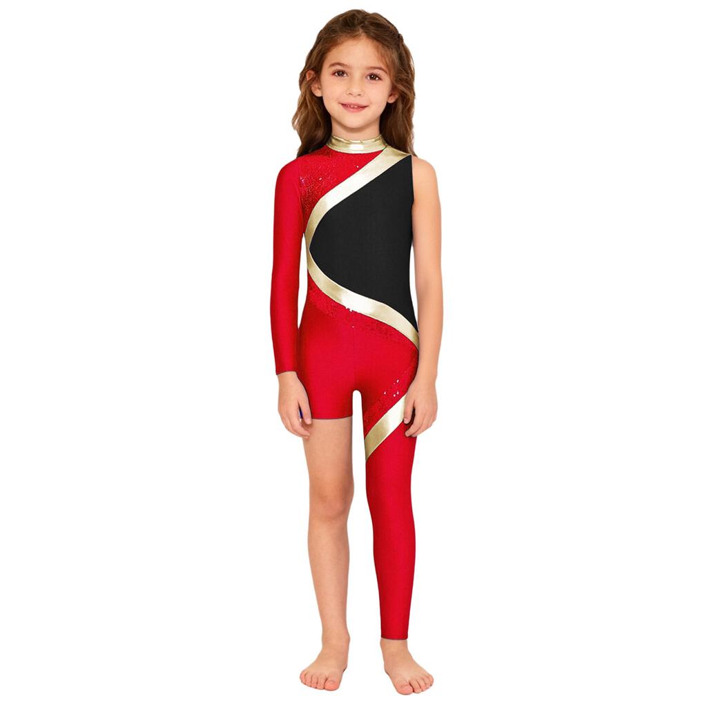 Kids Girls Stage Performance Jumpsuit: Mock Neck Shiny Sequins Color Block Asymmetrical Cut with Back Invisible Zipper