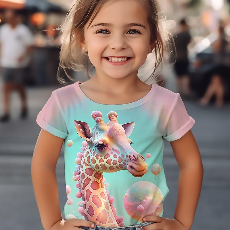 T-shirt Grafica a Fumetti Giraffa da Ragazza Maglietta Manica Corta Stampa Estate Primavera Attiva Moda Carino Bambini Esterno Casual Quotidiano