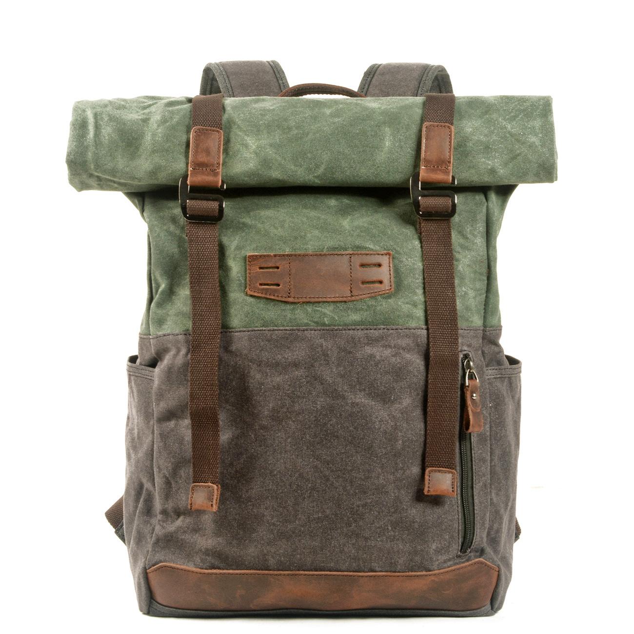 Europe and The United States Retro Canvas Bag Oil Wax Canvas Contrast Backpack Outdoor Hiking Hiking Backpack Student Schoolbag зелёный