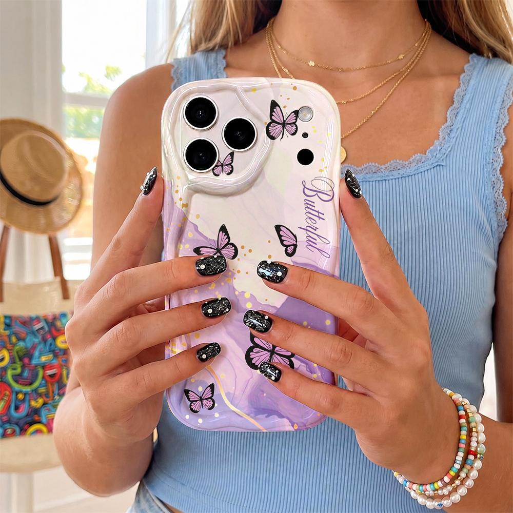Gradient Purple Gold Foil Butterfly Phone Case for iPhone 17 16 15 14 13 12 11 Pro Max Plus Wavy Edge Cover