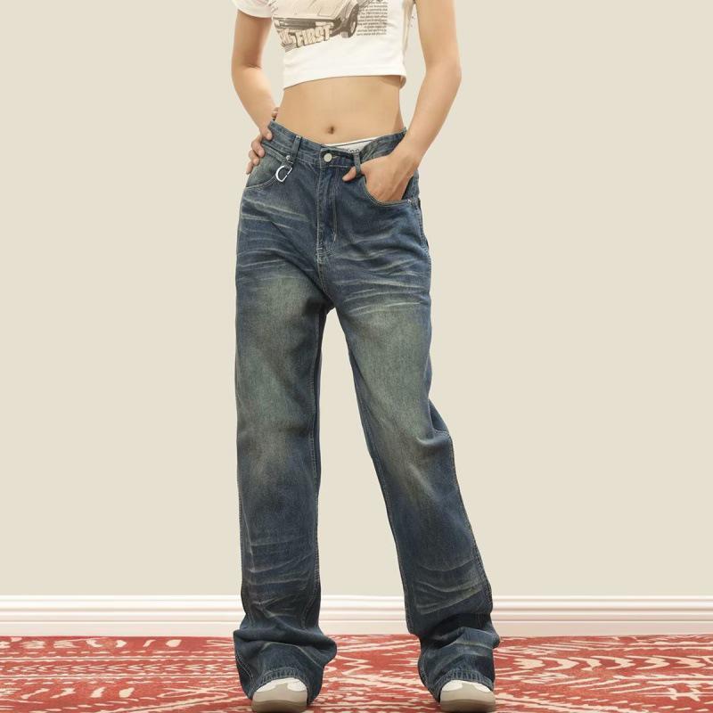 Unisex High-Street Retro Distressed Straight-Leg Jeans