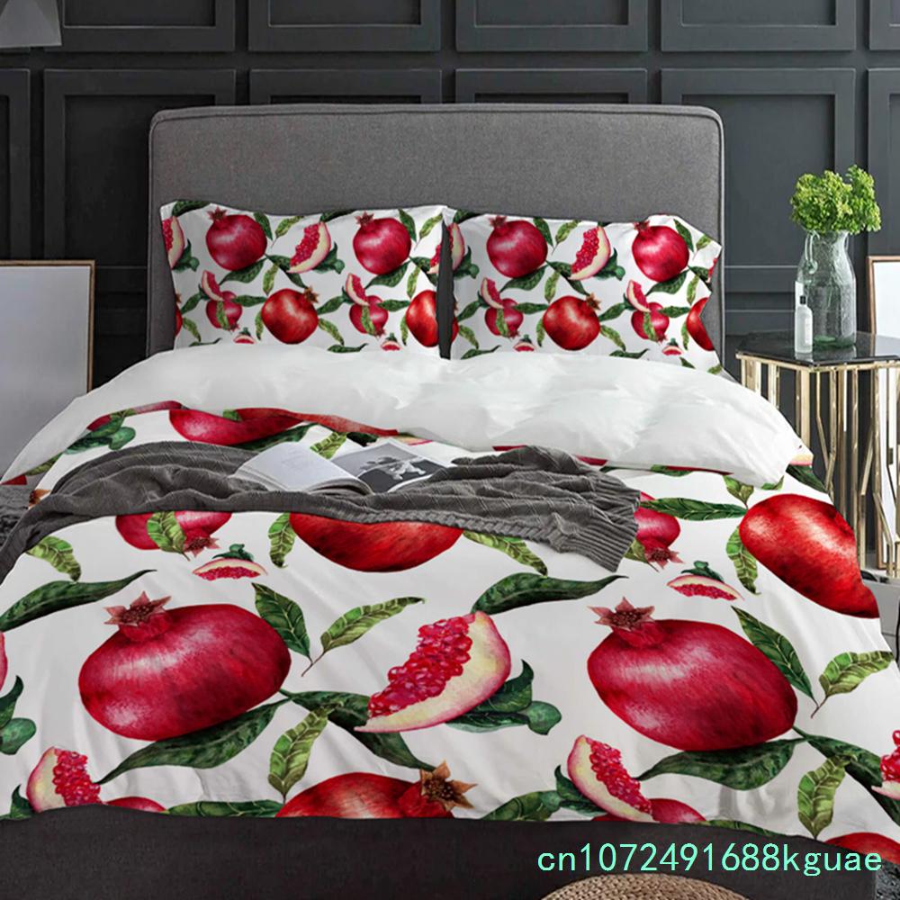 Sommerfrucht Roter Granatapfel Grünes Blatt Bettbezug mit Kissenbezug Kundenspezifisches 3-teiliges Bettwäscheset Steppdeckenbezug Doppelbett Heimtextil