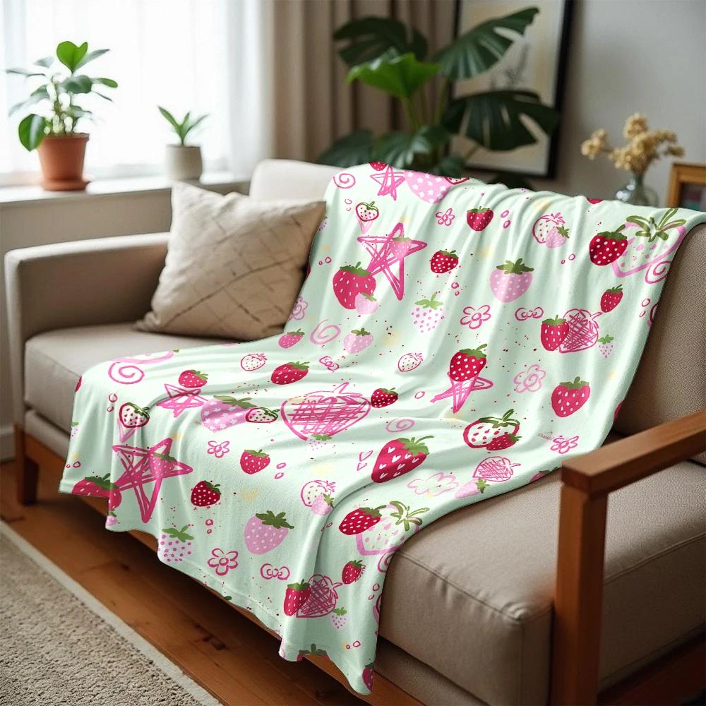 Sketch Strawberry Star Cartoon Anime Print Flannel Blanket Soft Warm Throw for Kids Bedroom Sofa Christmas Office Car