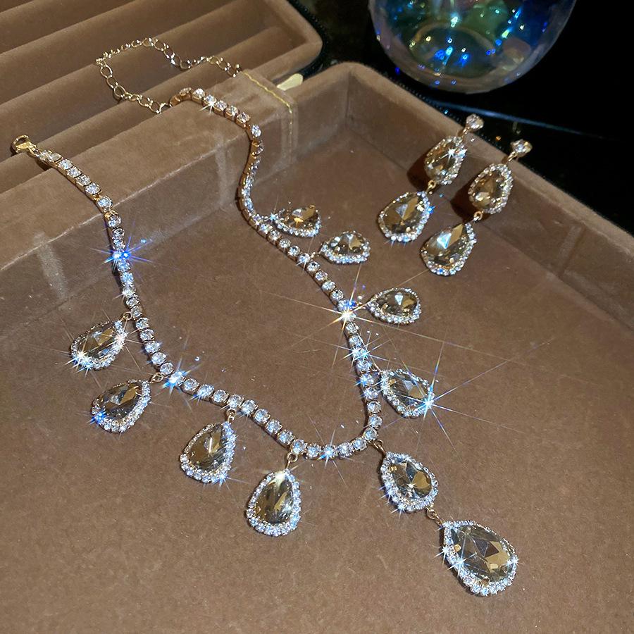 Elegant Rhinestone Tassel Geometric Water Drop Necklace & Earring Set