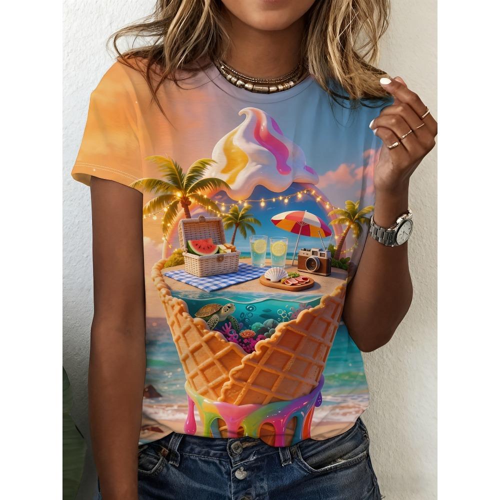 Summer Fashionable Retro Colorful Cartoon 3D Pattern T-shirt Comfortable Oversized Breathable Leisure Versatile Women's T-shirt