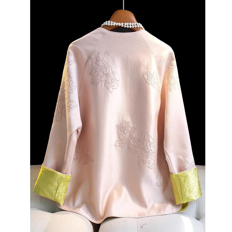 Spring Autumn Women High Quality Vintage Chinese Style Embroidery Shirts Elegant Chic Sweet Pink Blouses Long Sleeve Loose Tops