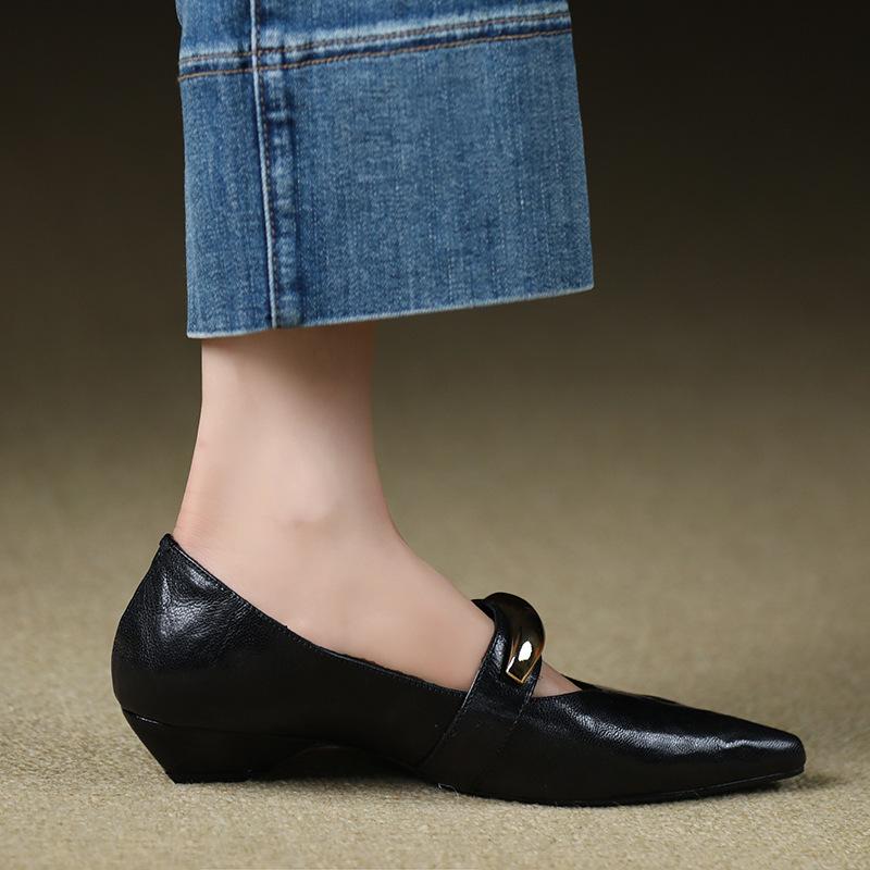 British pointed low-heeled Mary Jane shoes women's shallow single shoes women's flat-heeled small leather shoes women