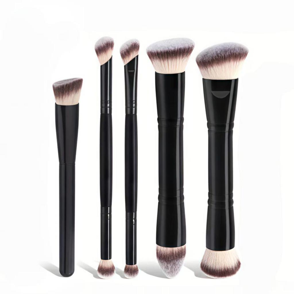 5 Double-Ended Makeup Brushes: Foundation, Blush, 3-Color Contour, Soft Bristle, Loose Powder, Beauty Tool Set