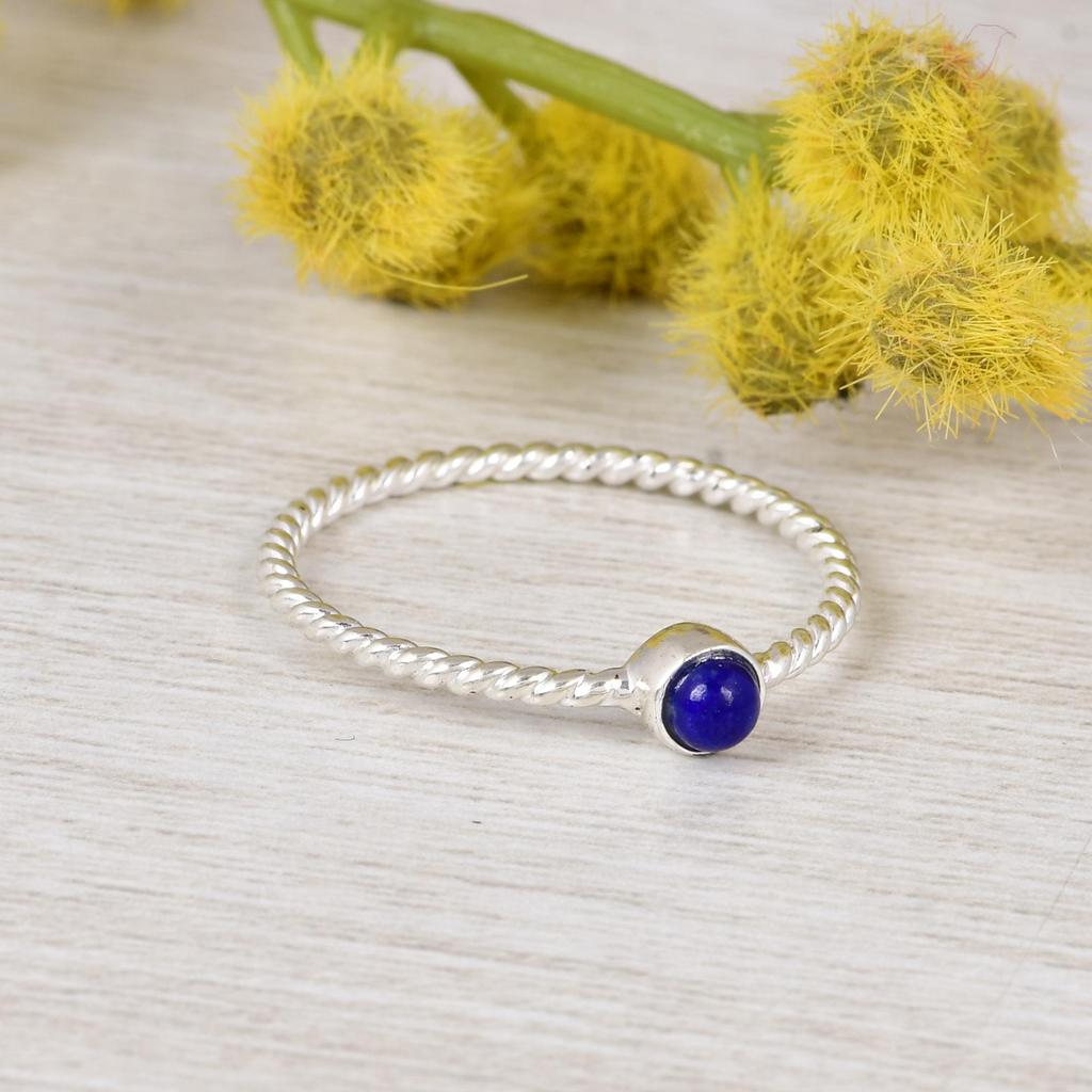 Natural Lapis Lazuli Ring, 925 Sterling Silver Ring, Minimalist Dainty Gemstone Ring Stackable Thin Twisted Band Handmade Jewelry Gift for Women