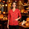 Women's V-Neck Scrub Top with Pockets, Halloween Print, 3/4 Sleeve Side Slit Tunic for Work or Costume