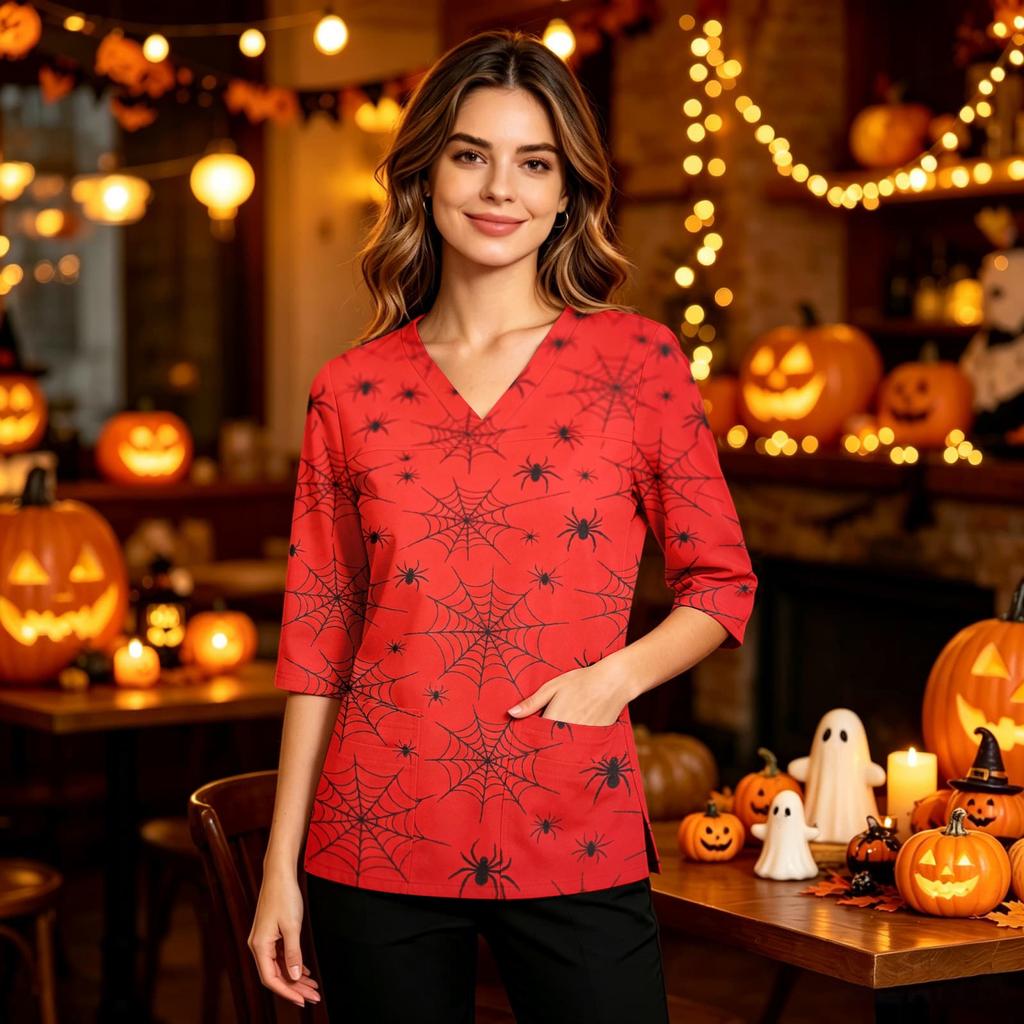 Women's V-Neck Scrub Top with Pockets, Halloween Print, 3/4 Sleeve Side Slit Tunic for Work or Costume