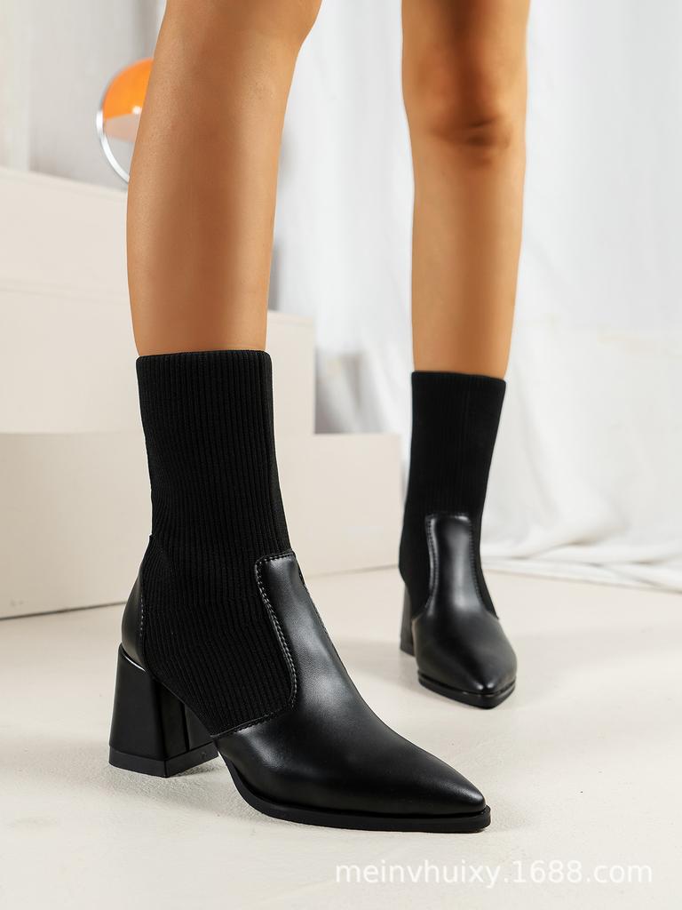 Pointed women's black thin boots women's new autumn and winter high-heeled short boots thick-heeled large-size women's boots