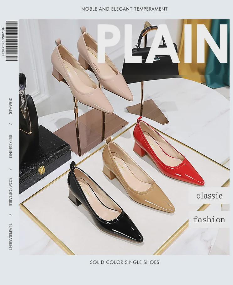 Korean Patent Leather Pointed-Toe Women's Shoes - Fashionable, Simple, Comfortable with Versatile Thick Medium Heel