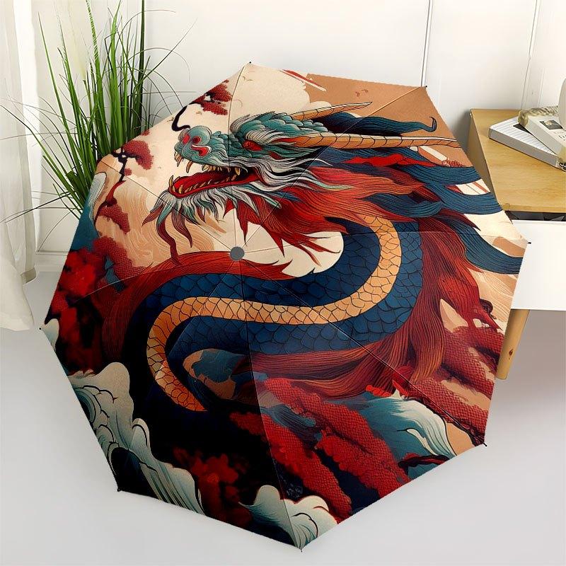 Dragon Majesty: Circular Artwork with Mythical Creature DesignUmbrella with Cute Design,Portable 3-Fold Compact Umbrella for Men&Women,Valen