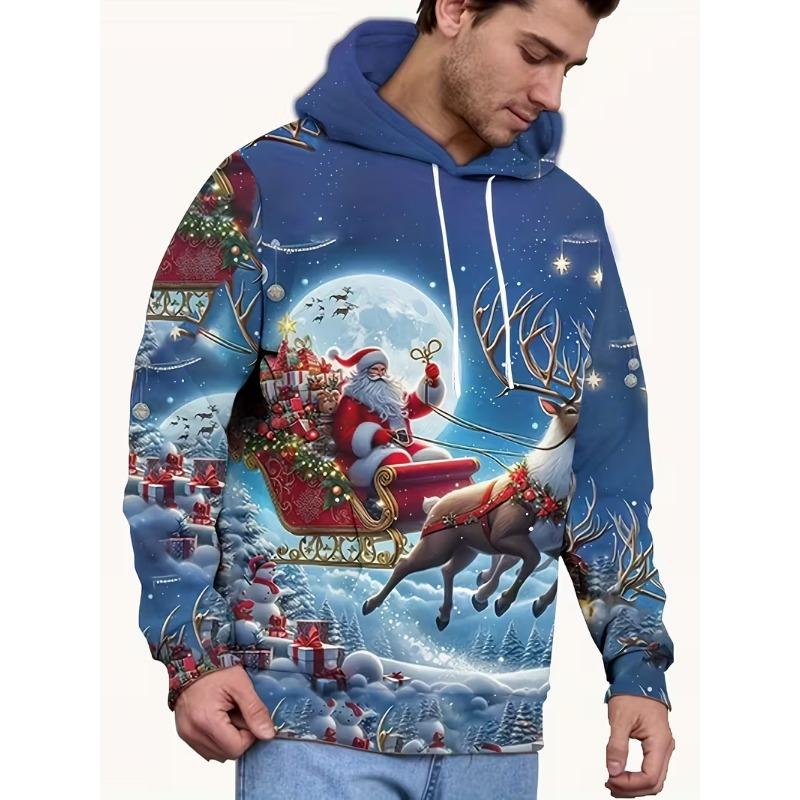 Módní pánská vánoční mikina s kapucí a stahovací šňůrkou z polyesterové tkaniny pro sváteční nošení s dlouhým rukávem a 3D potiskem