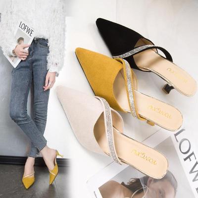 Baotou halve slippers dames dragen 2025 zomer nieuw Koreaanse versie suède hoge hak internetberoemdheid puntige hak strass sandalen