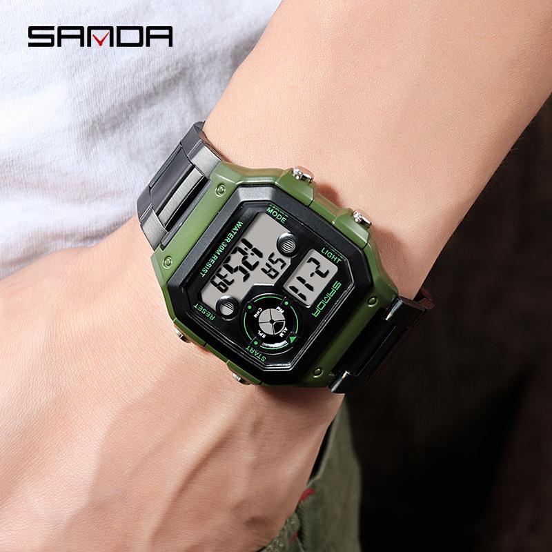 Sanda Men's Waterproof Multifunctional Digital Watch - Small Square, Steel Band