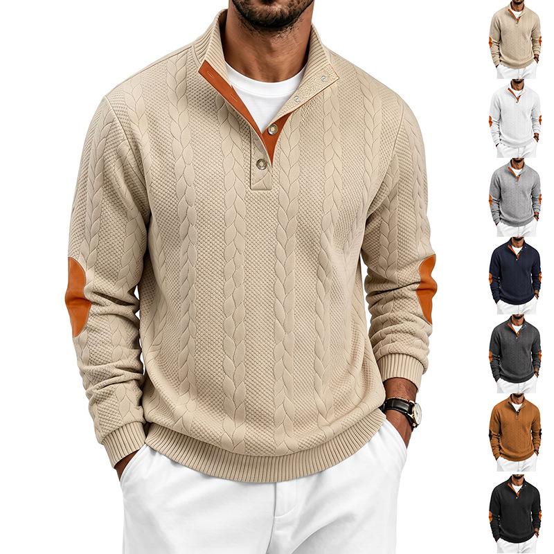 Men’s Heavyweight Jacquard Casual Button-Patch Stand-Up Collar Henry-Neck Long-Sleeved Sweatshirt
