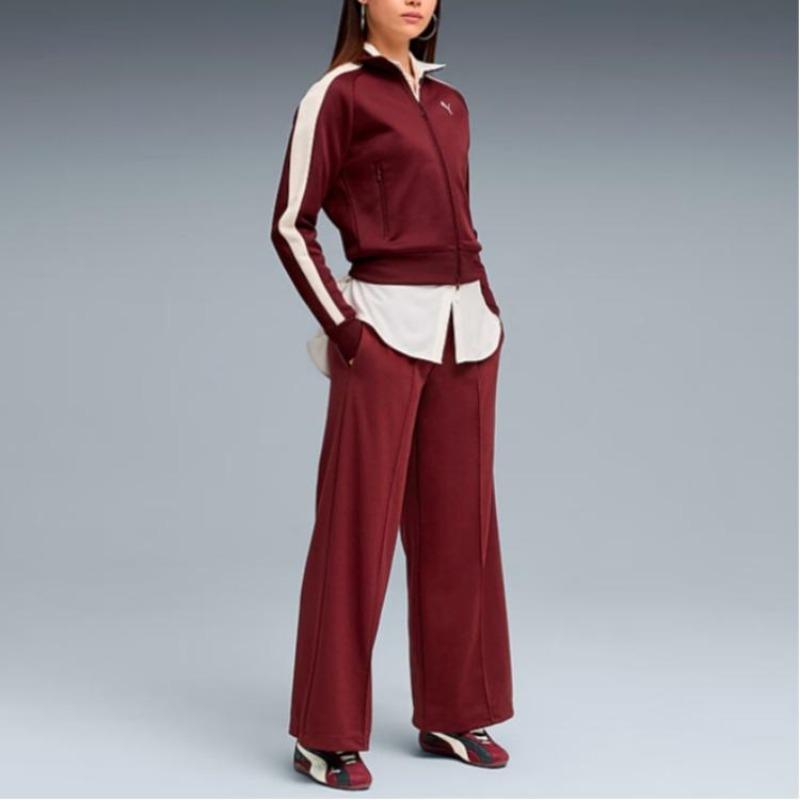 PUMA T7 Versatile Casual Color-Block Stand Collar Knit Full-Zip Short Jacket With Small Logo, Women's, Wine Red