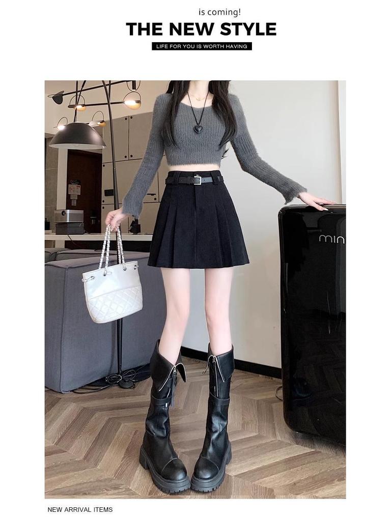 Women's Khaki Corduroy Pleated Midi Skirt: High Waist Petite A-Line, Autumn Winter 2025 Collection