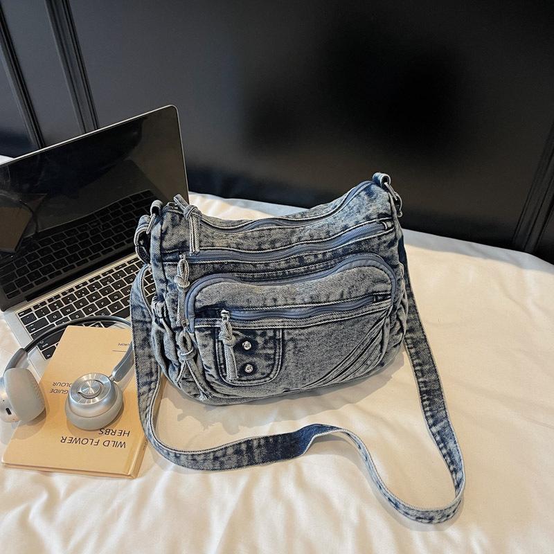 

Retro wind wash denim messenger bag new niche design multi-pocket women s backpack fashion casual shoulder bag джинсовый синий