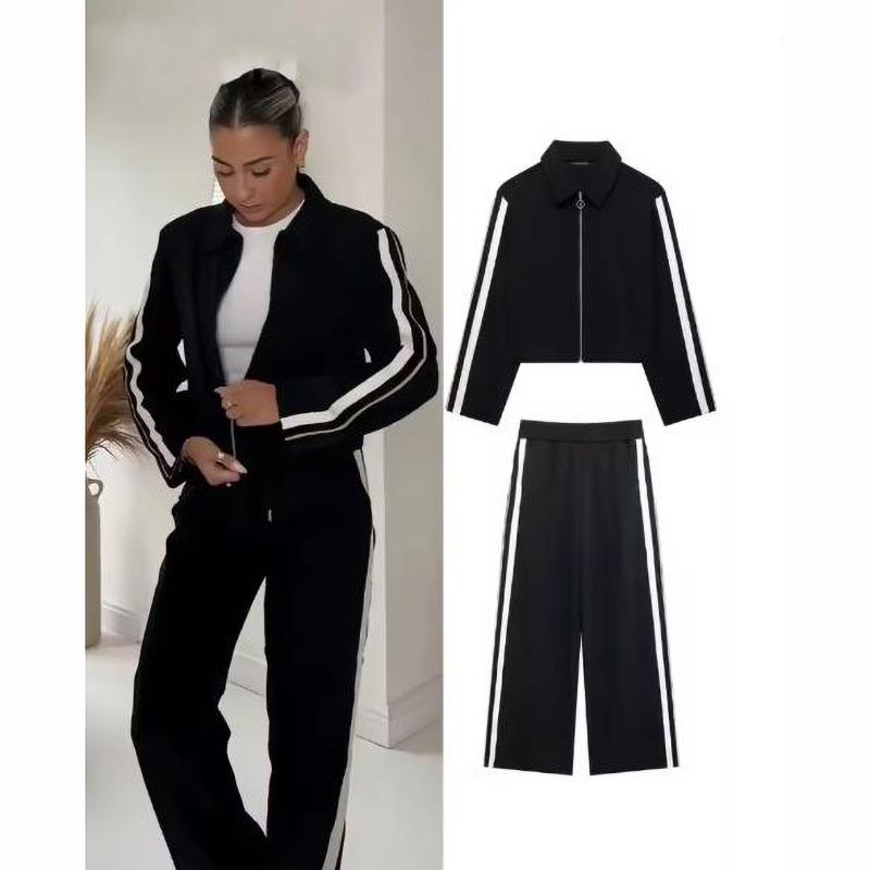 Women Casual Black Trousers Suits Sports Short Jacket Vinatge Black White Patchwork Baggy Pants Street