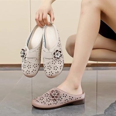 Soft Leather Hollow Breathable Soft Sole Middle-aged and Elderly Baotou Half Slippers Women's Summer Casual Versatile Non-slip Comfortable Mother Sho
